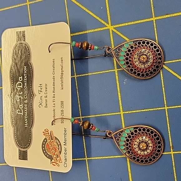 Bronze Metal  Dangle Turquoise Accent Earrings - Picture 1 of 2